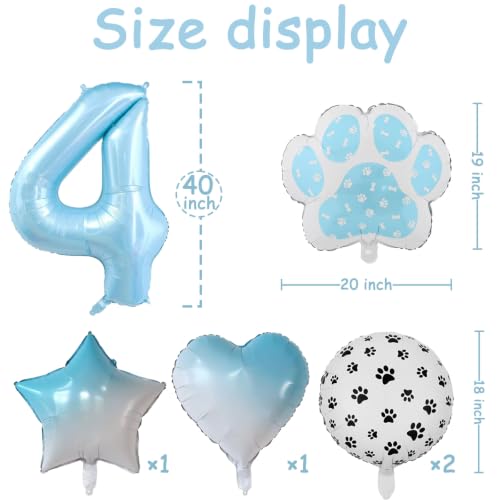 Image of Blue Dog Cat Paw Print Number 4 Balloons set,Boy Girl 4th Birthday Decor
