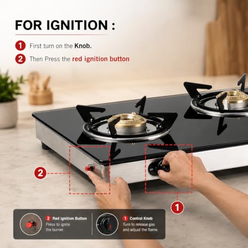 Image of iBELL AGS9413SLM 3 Burner Gas Stove with Auto Ignition | 3-YEARS WARRANTY | ISI Certified | Large 77 x 38 x 7.5 cm Body | Scratch Resistant Toughened Glass Top | High-Efficiency Brass Burners [Black]