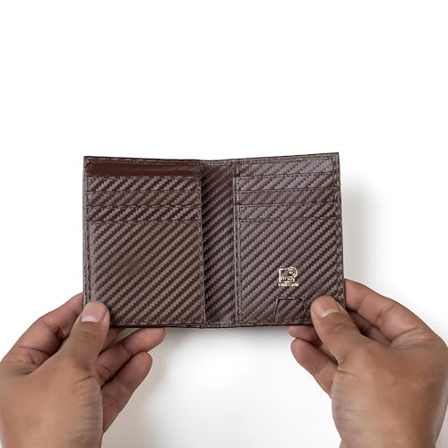 Image of Premium RFID Blocking Wallet for Men | Slim Carbon Fiber Leather with 12 Card Slots, Clear ID Window & Cash Pocket | Durable Bifold Genuine Cow Fiber Leather Wallet (Carbon Brown)