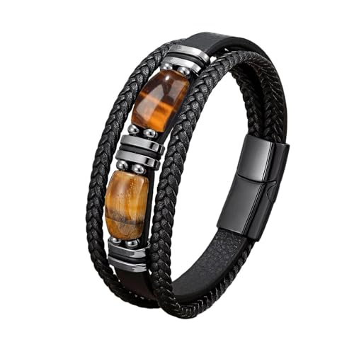 KNUIUYY Bracelet en Cuir pour Homme,Double Couche Tressée,Fermoir Magnétique,Bracelets En Cuir Avec Perles,Obsidienne Pierre Précieuses Bracelet Protection...