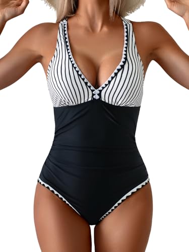 Image of B2prity One Piece Swimsuit for Women Tummy Control Ruched Bathing Suit Push Up Tie Back Swimwear Shell Stitched