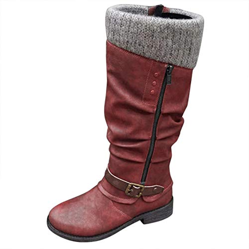 Zbyy Women's Knee High Boot,Winter Warm Side Zipper Knee High Riding Boots Low Heel Buckle Mid Calf Fashion Boots Red #TOP3
