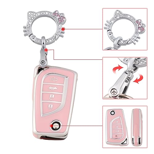 Image of Pangpai Pink Key Fob Cover for Toyota, Soft TPU Key Case Protection with Bling Keychain Fit for Toyota Fortuner Tundra Camry RAV4 Highlander Corolla Smart Key Holder