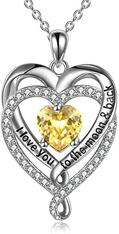 Birthstone Mothers Day Gift for Women Double Heart Necklace Sterling Silver I Love You to the Moon and Back Necklace Jewellery Gifts for Girlfriend Wife Mom Women Friend Birthday Chrismas Gifts