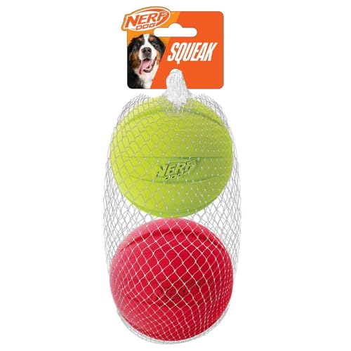 Nerf Dog Classic Squeak Ball Outdoor Dog Toys, 3.8 Inch Dog Ball Fetch Toy, Squeaking Toy for Medium and Large Breeds, Green/Red, 2 Count