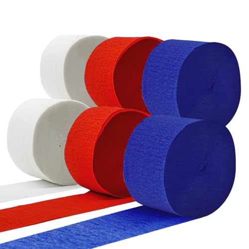 Image of PheiLa Crepe Paper Streamers 6 Rolls 492ft, Crepe Paper 4th of July Decorations Red White Navy Blue Patriotic Party Supplies for DIY Gift Wrapping Birthday Holiday Party Decor, 1.77 Inch x 82 Ft /Roll