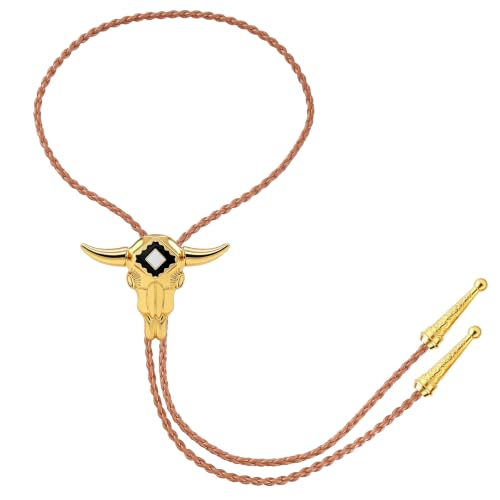 Image of GelConnie Longhorn Bull Bolo Tie for Men Native American Western Cowboy Leather Necktie Bolo Necklace for Women Gold Texas