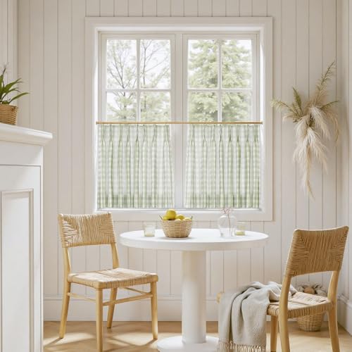 Image of TWOPAGES Pinch Pleat Cafe Curtains 24 Inch Long Buffalo Plaid Light Filtering Farmhouse Half Window Curtains for Kitchen (Light Green Small Plaid, 26W x 24L Inches, Set of 2)