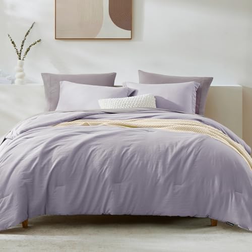 Image of Queen Comforter Set-7 Pieces Soft Prewashed Bed in a Bag Queen Bedding Sets | All Season Comforter with Sheets, Pillow Shams & Pillowcases,Lilac