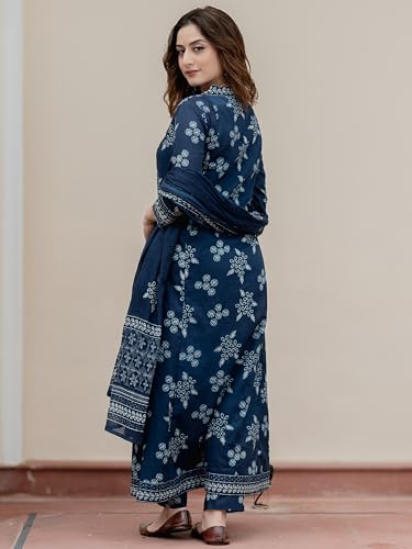 Image of Arayna Women's Pure Cotton Handblock Ethnic Printed Kurta Set with Pants & Dupatta