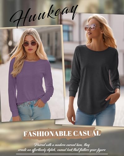 Huukeay 3 Pack Womens Long Sleeve Shirts Crewneck Loose Fit Cotton Tops Casual Curved Hem Tees Basic Fall Shirts4