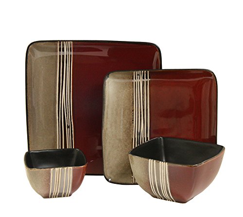 Elama Square Stoneware Loft Collection Dinnerware Dish Set, 16 Piece, Red And Tan With White Accents #TOP1