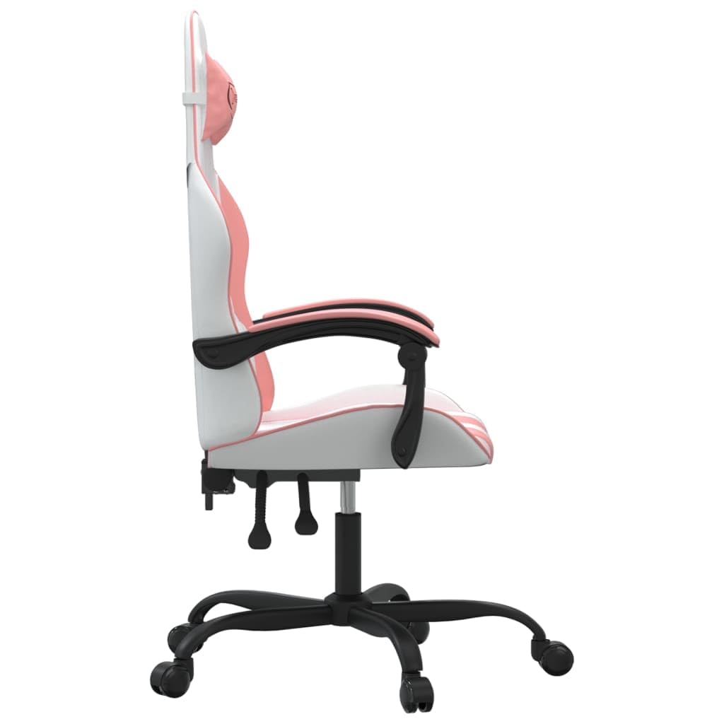 Gaming-Stuhl Weiß Rosa Kunstleder mit Wippfunktion und Lenden Nacken Kissen Ergonomisch, Drehbar, Verstellbare Rückenlehne, Fußstütze, für Homeoffice, Jugend, PC, Esport, bequem