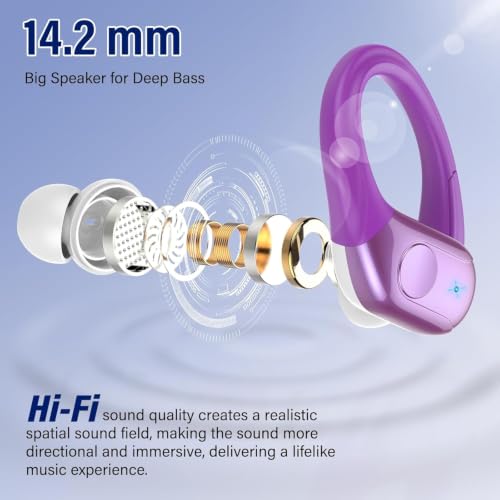 Image of 75H Sports Wireless Earbuds Bluetooth 5.4 Headphones Stereo, Dark Purple