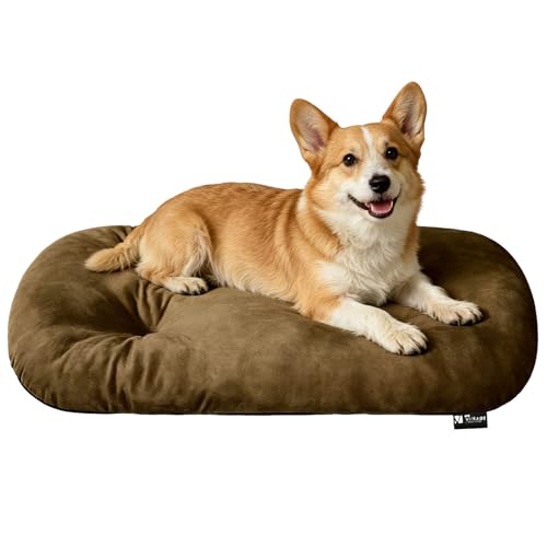 Image of Washable Oval Dog Bedfor Medium Dogs,Silver-Tipped High-Resilience,Brown | Non-Slip Bottom Prevents Sliding, Soft Plush Short Fur, Machine Washable, Ideal for Crates /Apartments /Cozy Nooks,29 inchx18 inchx2.8 inch