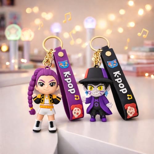 Image of Wanna Party Set of 2 Kpop Demon Hunters Cartoon Keychains for Boys and Girls, Cute Backpack Key Chain Accessories Wristlet chain Return Gift Items for Boys & Girls