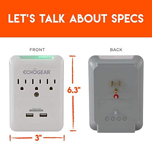 Echogear Outlet Extender Multiplug With 3 Ac Outlets & 2 Usb Ports – Low Profile Design Sits Just 1.1" From Wall - Protects Your Gear With 540 Joules Of Surge Protection #TOP5