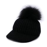 Unisex Winter Cable Knit Hat Women Ladies Fur Ball Pom Baseball Cap Black