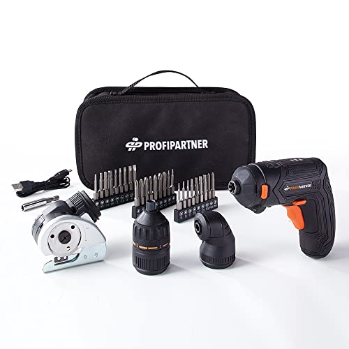 PROFI-PARTNER Visseuse sans fil / découpeuse multi-outil avec embout d'angle, embout de coupe, tournevis sans fil 3 en 1, couple réglable, fonctionnement sur piles, 27 embouts, travail précis