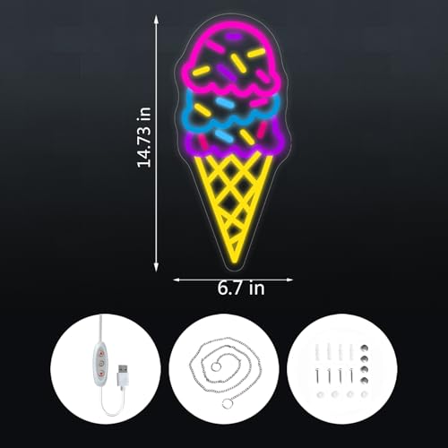 Image of Ice Cream Open Neon Sign Shop Wall Decor Custom Neon Signs Personalized Dimmable LED Light for Birthday Christmas Party Bedroom Bar Drink Shop USB Powered with Pink Yellow Blue Glow (14.7 x 6.7)