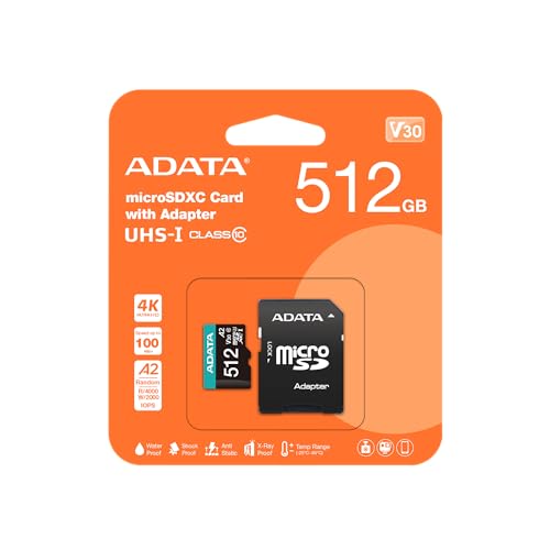 Image of ADATA Premier Pro 512GB MicroSDXC /SDHC UHS-I U3 Class 10 V30S A2 Memory Card with SD Adapter - Waterproof, Shockproof, X-ray Proof, Magnet Proof and Temperature Resistant