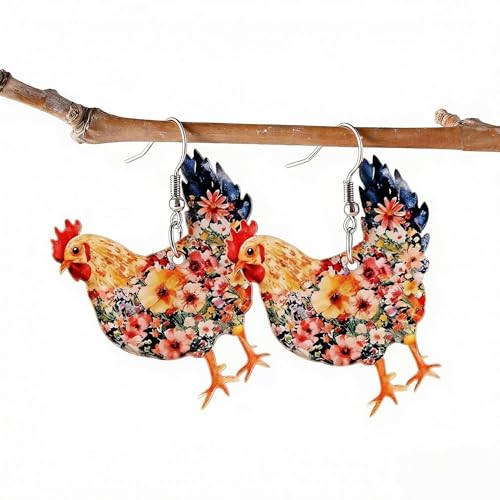 Xydedoing Colorful Floral Chicken Dangle Earrings for Women Acrylic Cute Rooster Drop Earrings Stainless Steel Hooks Farm Animal Country Jewelry Gift (Style A)