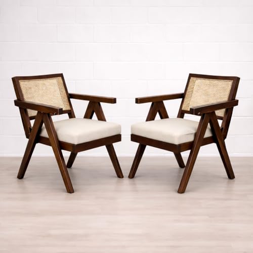Image of Sainistree Furniture | Solid Sheesham Wood Rattan Armchair | Walnut Finish, Cane Back & Cream Upholstery | Mid-Century Modern Accent Chair for Living /Dining Room (Pair of 2, Walnut and Cream)
