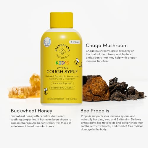Image of Beekeeper's Naturals Honey Cough Syrup for Kids, Elderberry, Daytime, 4oz | Immune Support with Elderberry, Vitamin C, Vitamin D & Raw Honey, Throat Soothing, Gluten Free & Clean Ingredients