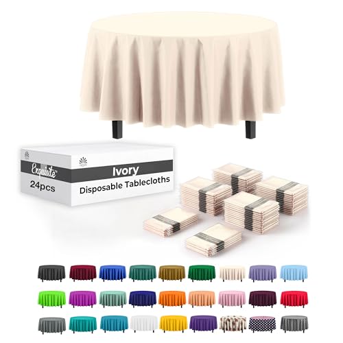 Image of Party Solids Ivory Round Plastic Tablecloth - 84 Inch, Pack of 24