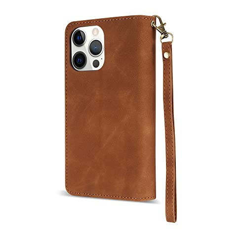ZZXX for iPhone 12/12 Pro Wallet Case Zipper Pocket 6.1 inch,Brown - image 3