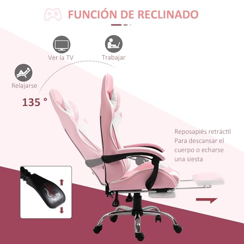 Vinsetto Silla Gaming Reclinable Silla Gamer Giratoria con Reposacabezas Reposapiés Cojín Lumbar Altura Ajustable para Oficina Estudio 64x67x119-127 cm Rosa - imagen 5