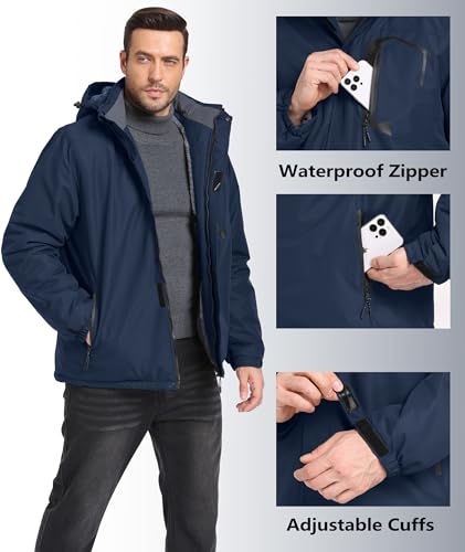 Image of Mens Winter Jackets Waterproof Warm Fleece Ski Jacket with Hood Thermal Windproof Coat Zip Pockets