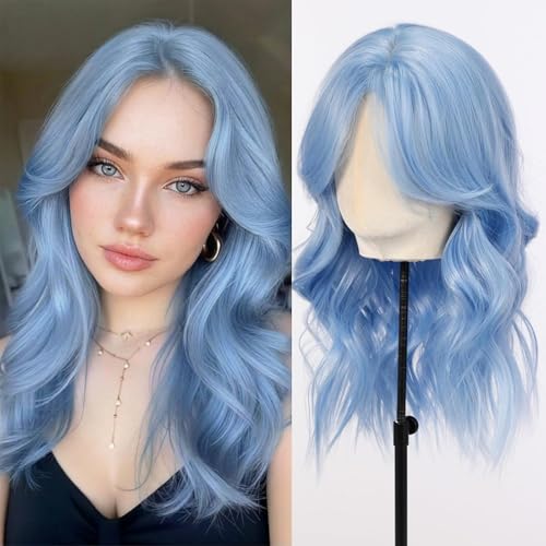 testar Blue Middle Part Bob Wavy Wigs for Women Heat Resistant Medium Length Synthetic Wigs 20 Inch for Daily Use