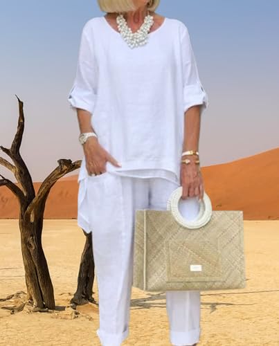 Women Linen 2 Piece Pants Suit for Women Dressy Cotton Linen Sets Outfits Long Sleeve Shirts Wide Leg Trousers2
