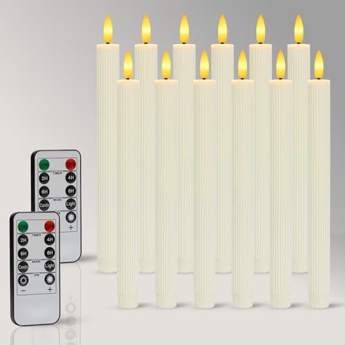 Dixmas 12 Stück LED Stabkerzen mit Fernbedienung Flammenlose Tafelkerzen mit Timerfunktion LED Kerzen Perfect für Weihnachten Streifenmuster Warmweiß