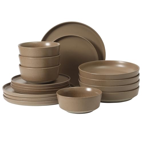 Image of Gibson Elite Overbrook 16-Piece Pottery Clay Stoneware Dinnerware Set - Terraccotta Brown Reactive Glaze, Stackable Plates and Bowls w /Pasta Bowl, Service for 4 - Microwave & Dishwasher Safe
