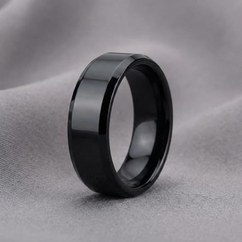 Image of Men's Black Wedding Band Stainless Steel Ring - Matte Brushed Center with Polished Beveled Edges - Comfort Fit Engagement Promise Ring for Him