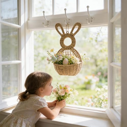Decoración de puerta de primavera con cesta de conejo y bolsa de pared 4