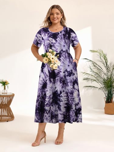 Image of LARACE Plus Size Dresses for Women Summer Casual Short Sleeve Long Dress Flowy Maxi Beach Dresses with Pockets L-6XL