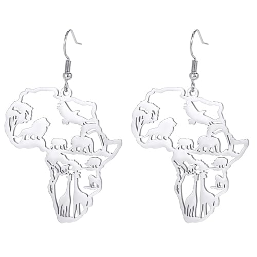 SANDOO African Map Earrings - Fashionable African Animals Hollow Out Earrings for Black Women, Unique Dangle Map Hook Jewelry, Black Women History Attire Jewelry Accessories (Silver)