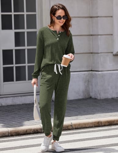 Ekouaer Womens Knit 2 Piece Lounge Sets Long Sleeve Top and Pants Outfits - image 3