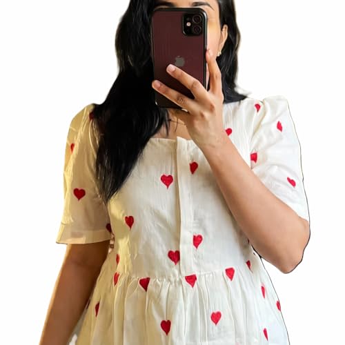 Image of Women's Rayon Heart Print Fit and Flare Kurta, White, Square Neck, Short Sleeve
