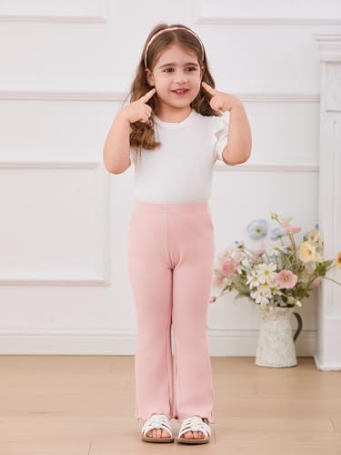 Haloumoning Toddler Baby Girls Flare Pants Little Kids Solid Ribbed Ruffle Leggings Bell Bottoms 9M-8Y Pink - Thumbnail 6
