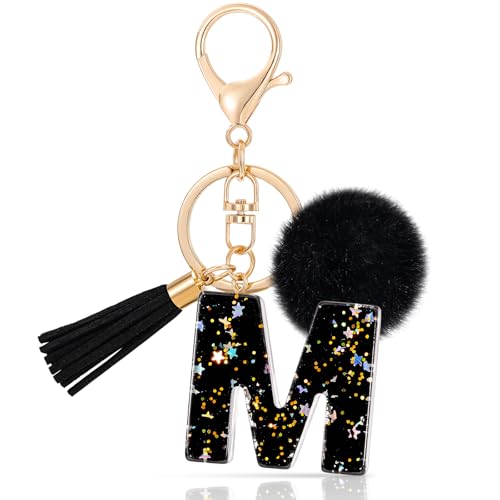 MWOOT Letter Keychains Llavero con Inicial,Resina Keyrings con Peluches Borla Colgante,Negro Moda Alfabeto Llavero Estrella Encanto para Mujeres Monedero Equipaje Bolsos Colgante (M)
