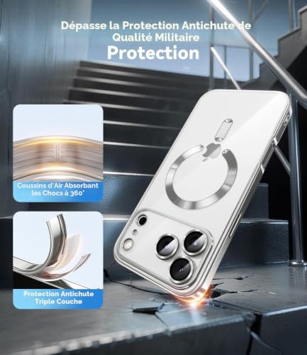 Coque luxe iPhone 17 Pro Max MagSafe argent avec verre de confidentialité premium