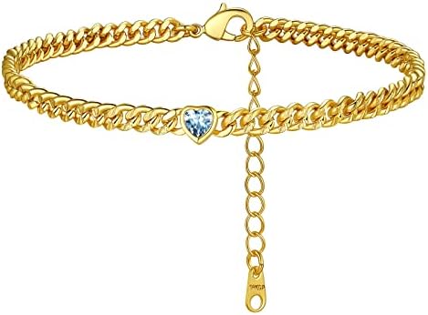 FindChic Cuban Chain Anklet with 12 Month Synthetic Birthstone Foot Jewelelry Adjustable Gold Plated Ankle Bracelets for Women