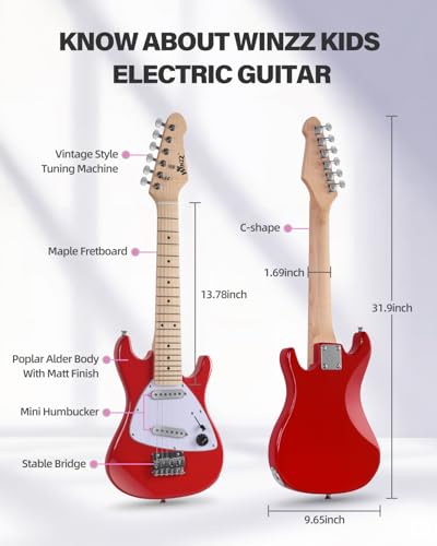 Image of Winzz 30 Inch Kids Electric Guitar Beginner Kit, Junior 1 /4 Size Mini Electric Guitar for Children Complete Stater Set with Amp, Gloosy Red Colour