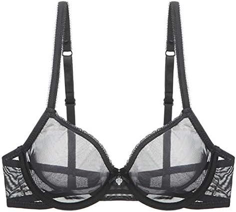 YANDW Sexy Sheer See Through Bras Unlined Underwire Lace Mesh Non Padded Ultra Thin Clear Bralette Black, 36B