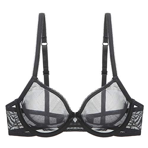 YANDW Sexy Durchsichtiger Nicht-Wattierter BHS Ungefüttert Bügel Spitze Mesh Ultra Dünner transparenter Bralette Schwarz, 90C