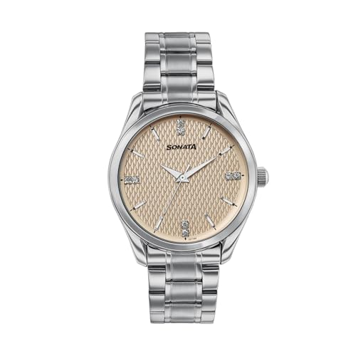 Image of Sonata Jashn with Quartz Analog Beige Dial Silver Strap Men's Wedding Watch - 77206SM01